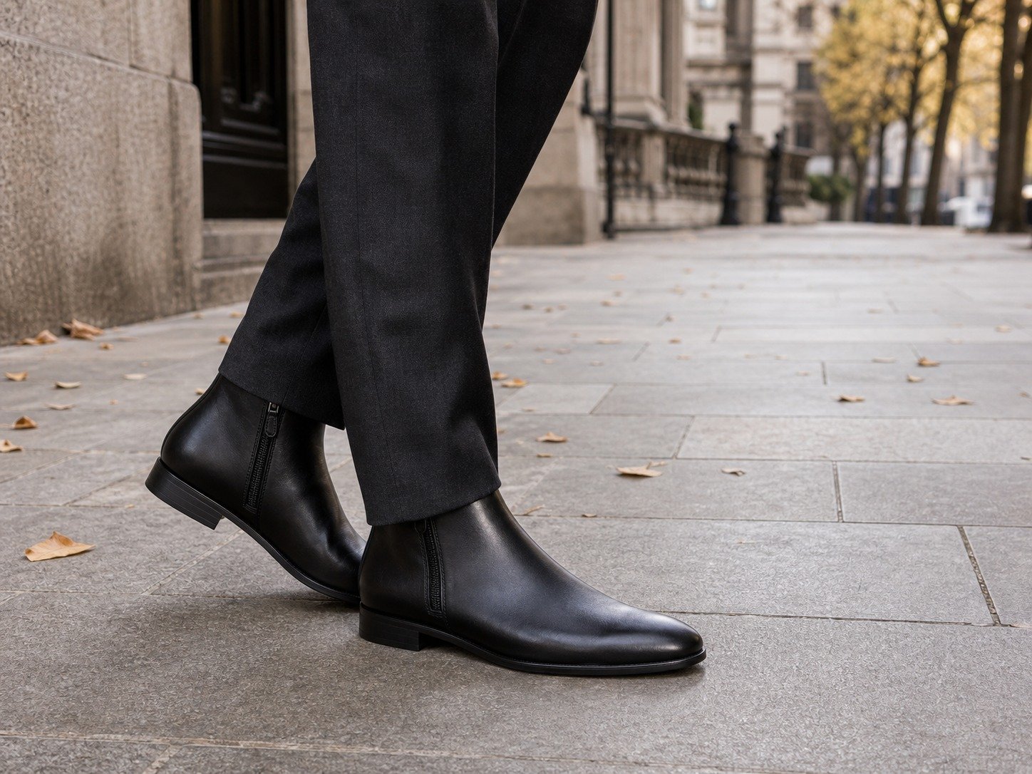 Kingsmere Black Calf Side-Zip Dress Boot styled with tailored trousers