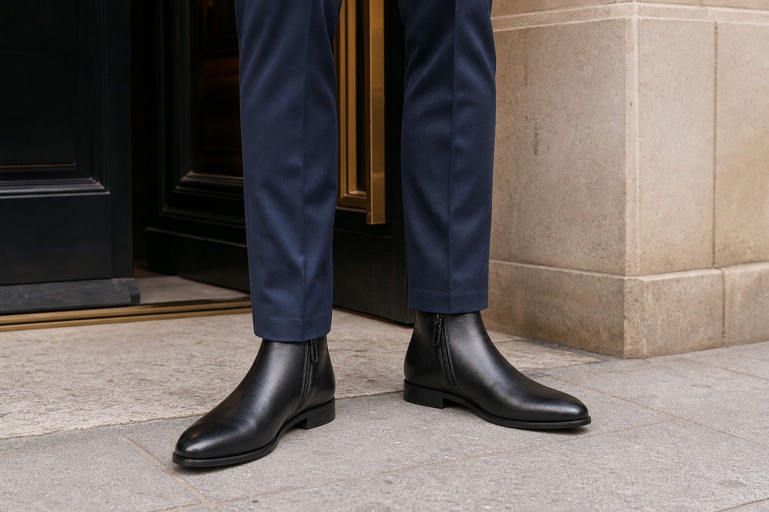 Kingsmere Black Calf Side-Zip Dress Boot styled, secondary view
