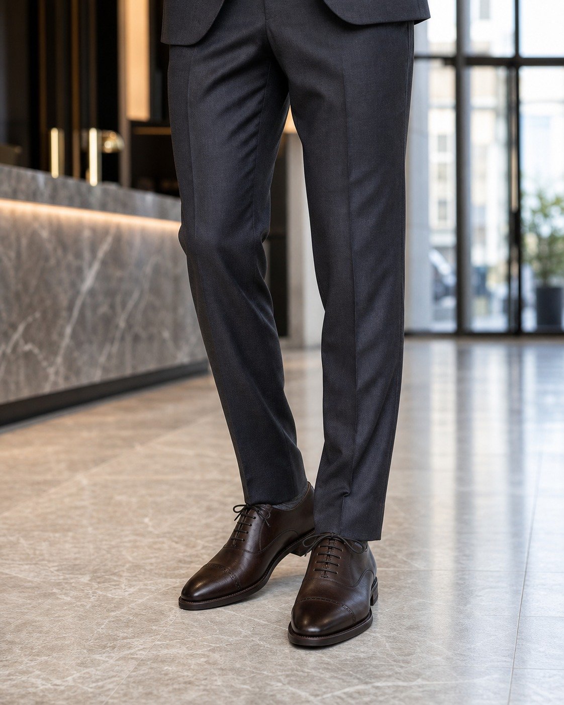 Langmere Dark Brown Quarter-Brogue Oxford styled with tailored trousers