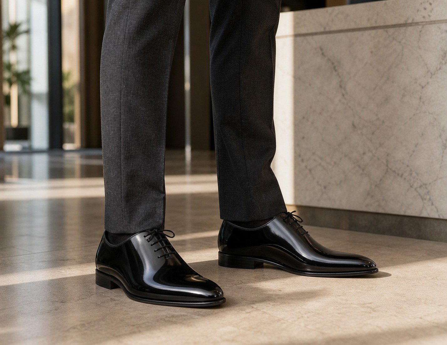 Noctis Black Patent Oxford styled with tailored trousers