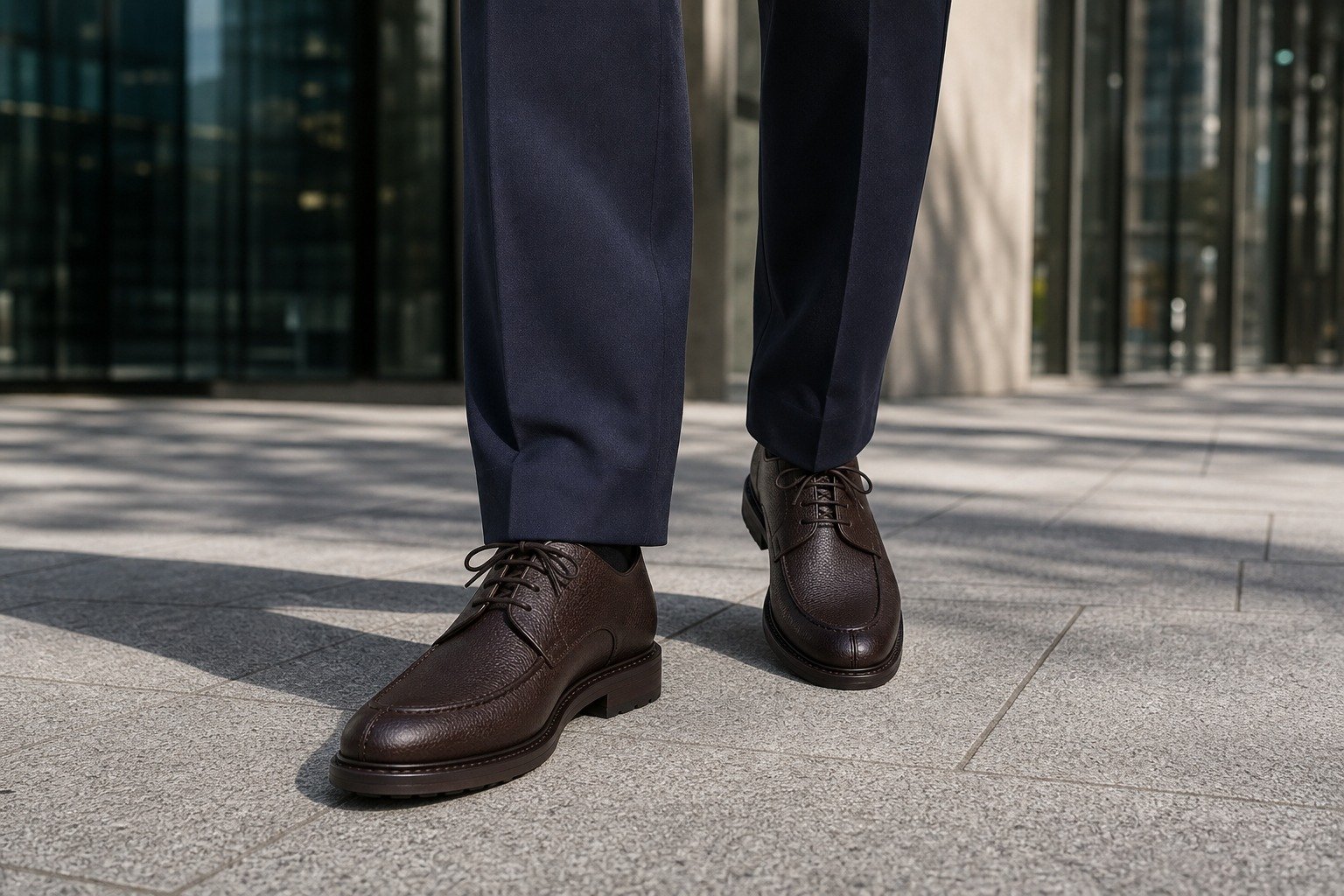 Northvale Dark Brown Grain Split-Toe Derby styled with tailored trousers