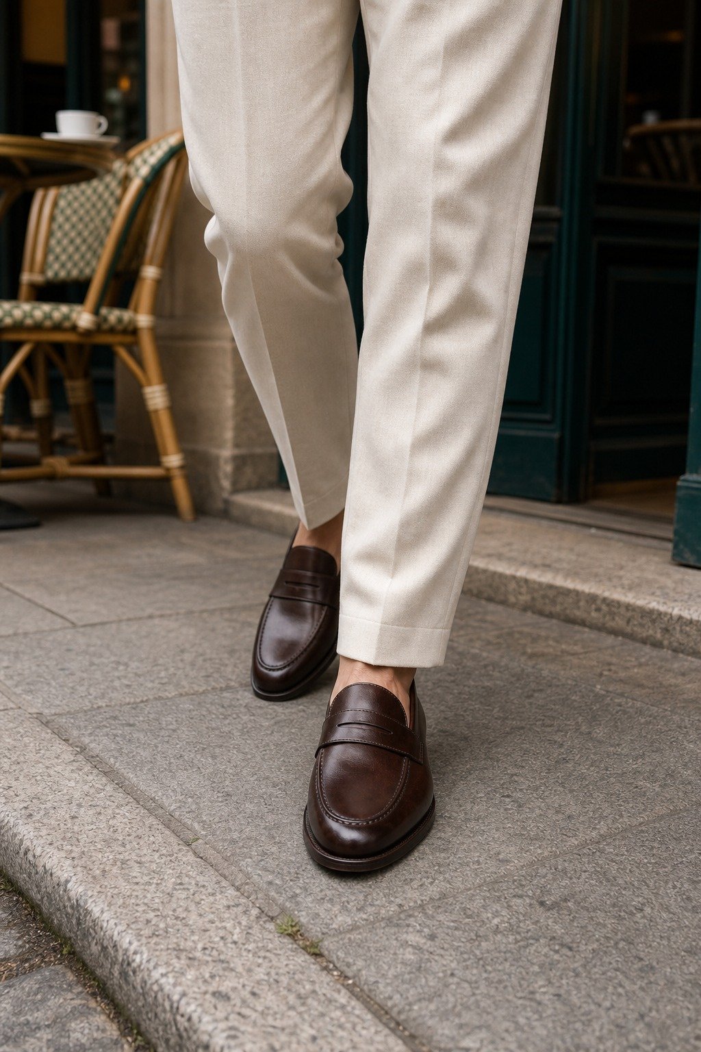 Pemberton Dark Brown Calf Penny Loafer styled with tailored trousers