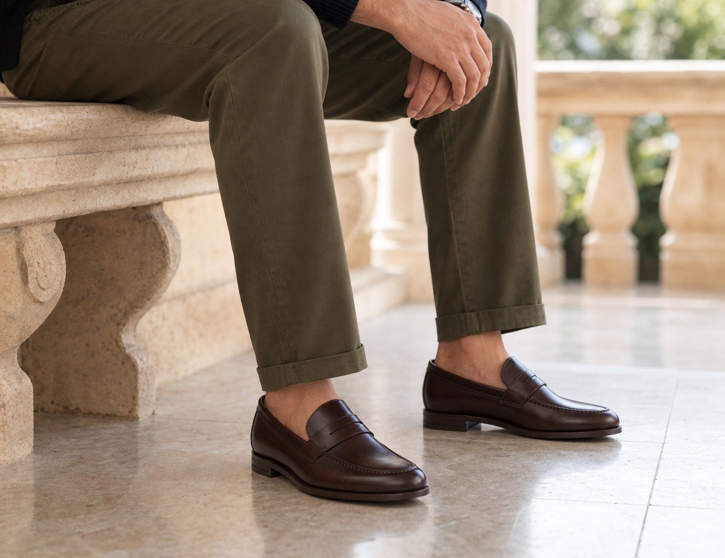 Pemberton Dark Brown Calf Penny Loafer styled, secondary view