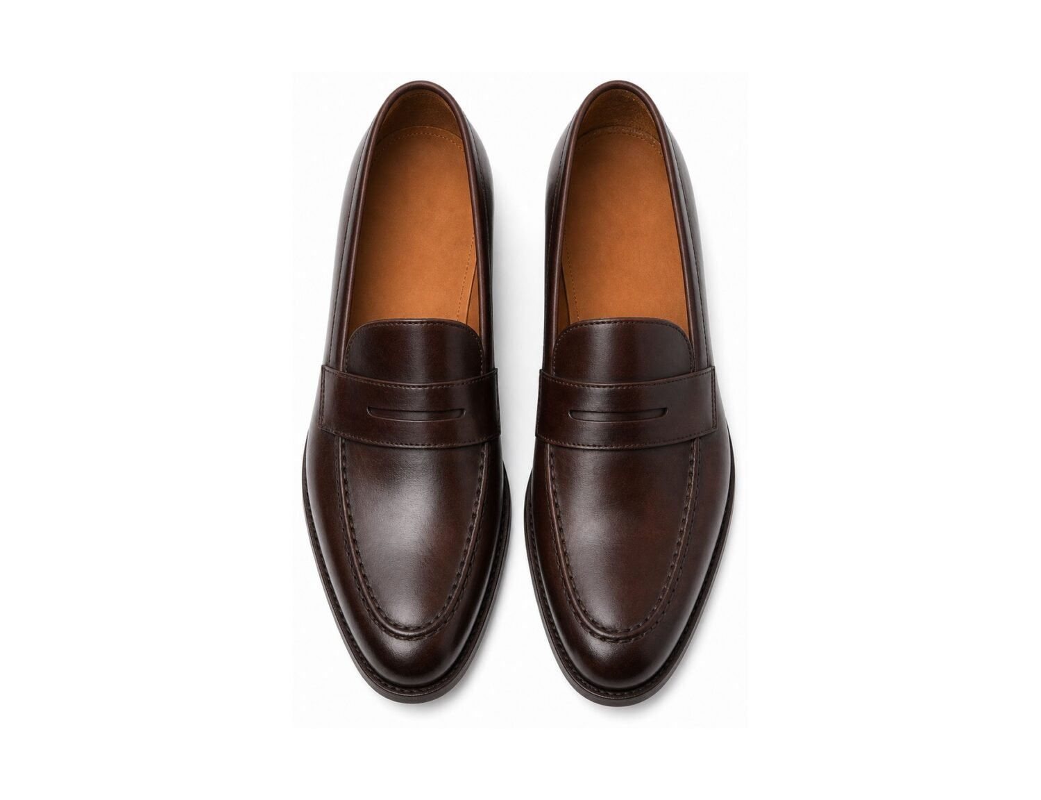 Pemberton Dark Brown Calf Penny Loafer - White BG Top View Pair