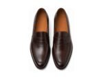 Pemberton Dark Brown Calf Penny Loafer - White BG Top View Pair