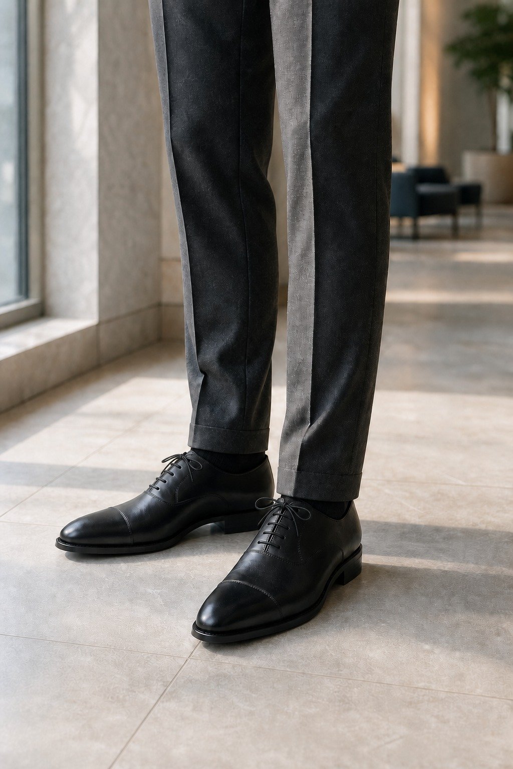 Regenton Black Cap-Toe Oxford styled with tailored trousers