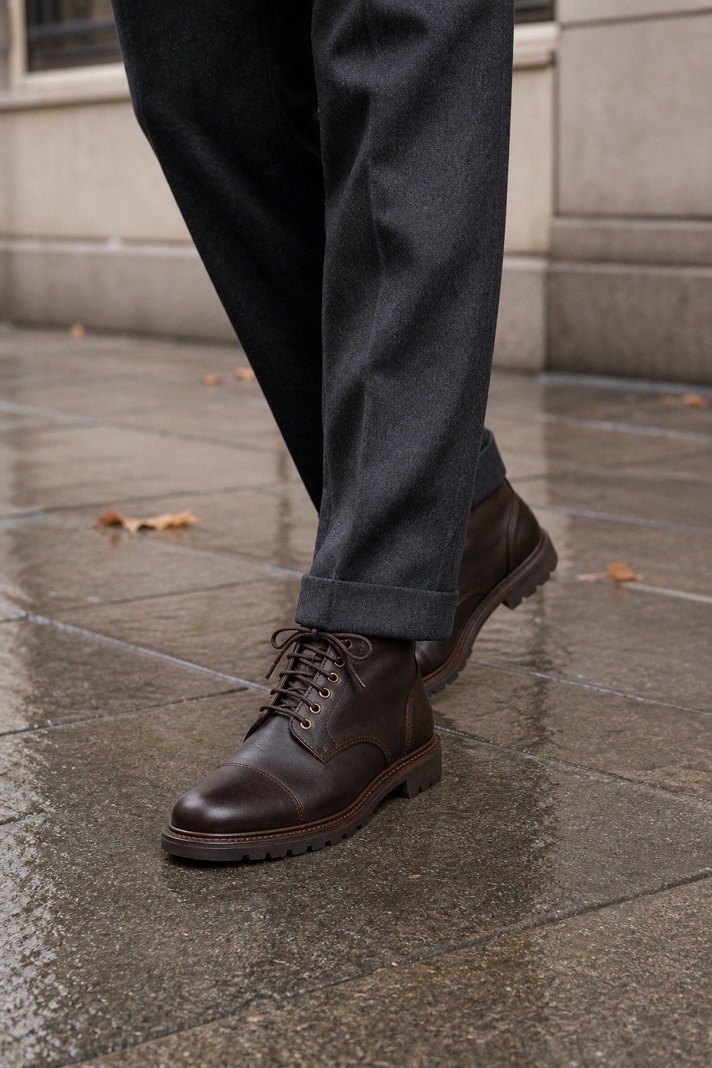 Rivermark Dark Brown Waxy Cap-Toe Service Boot styled with tailored trousers