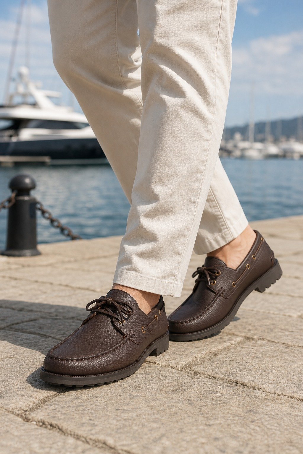 Seaborne Dark Brown Grain Modern Boat Shoe styled with tailored trousers
