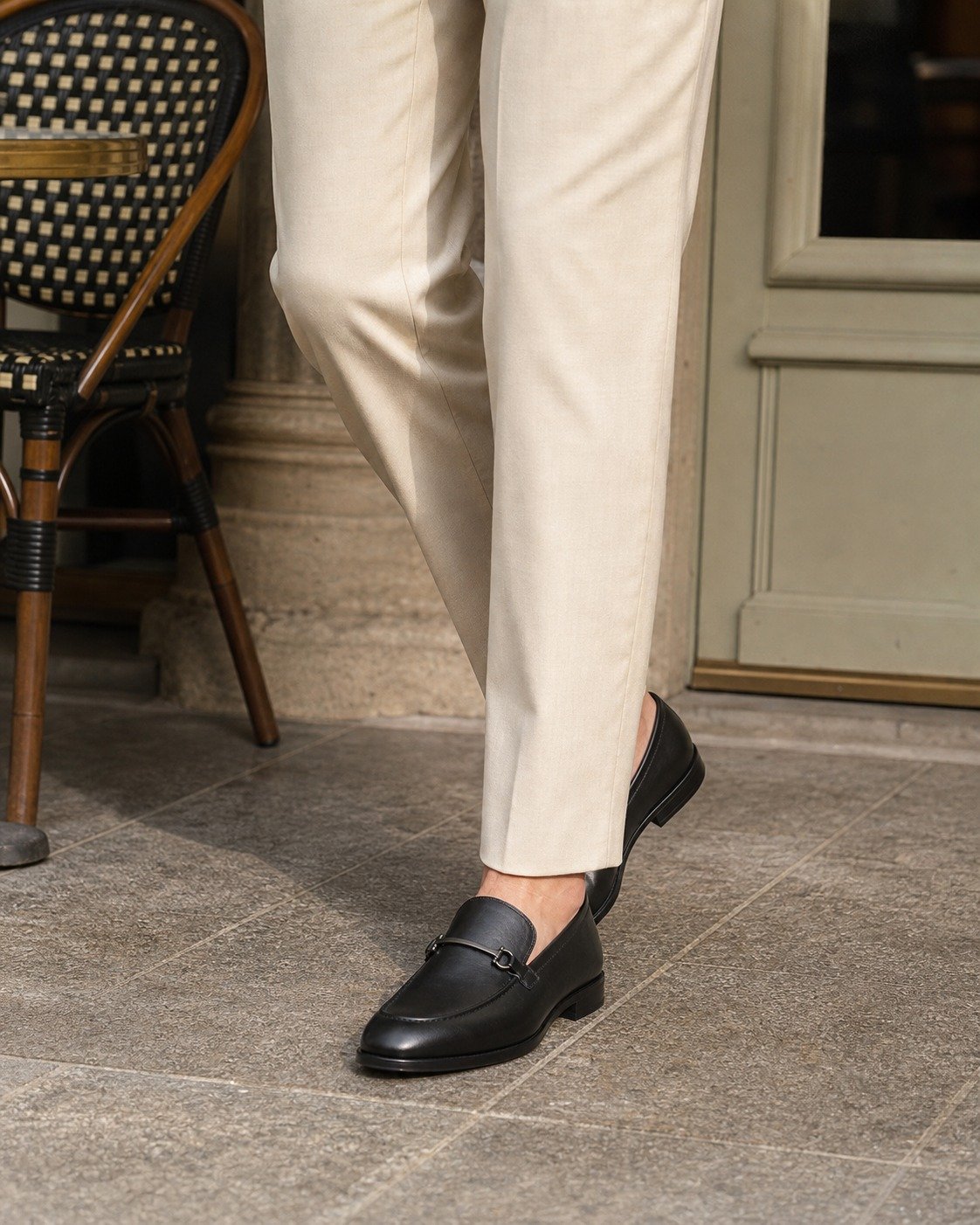Sterlingford Black Calf Horsebit Loafer styled with tailored trousers