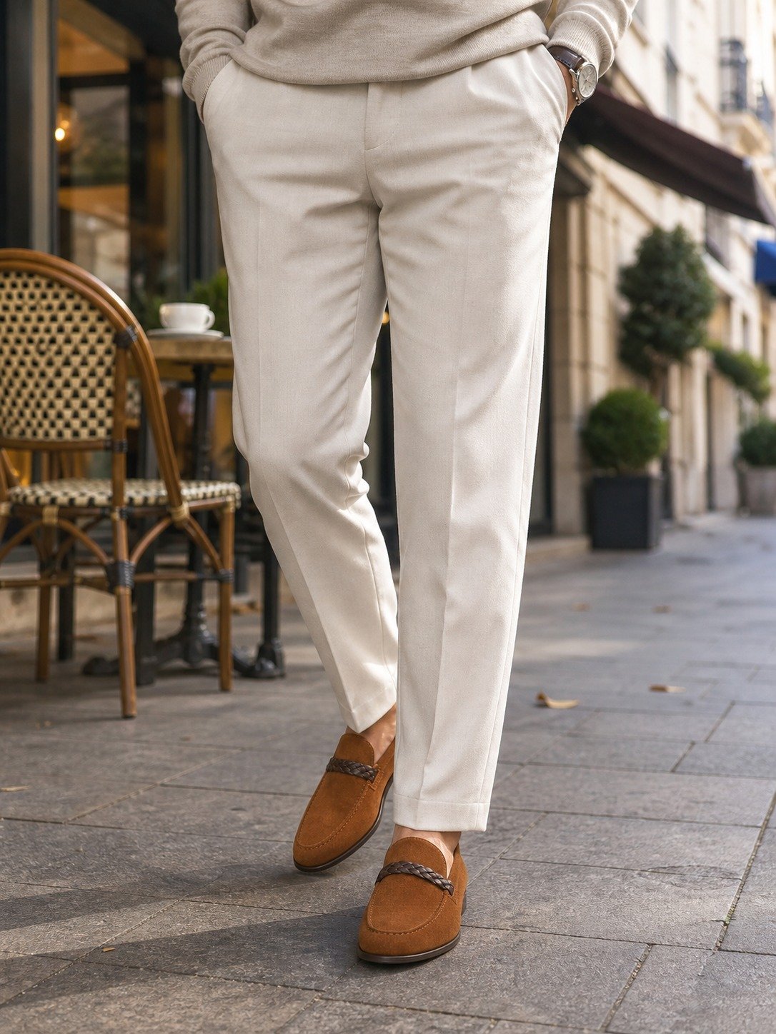 Tavermond Tobacco Suede Braided-Strap Loafer styled with tailored trousers