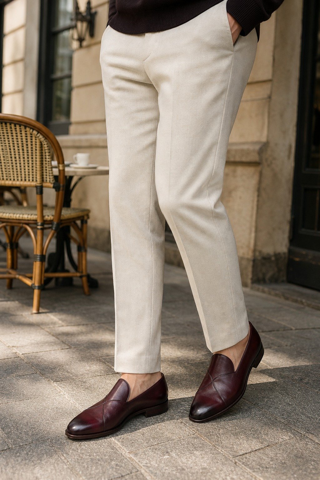 Valeroux Oxblood Calf Butterfly Loafer styled with tailored trousers