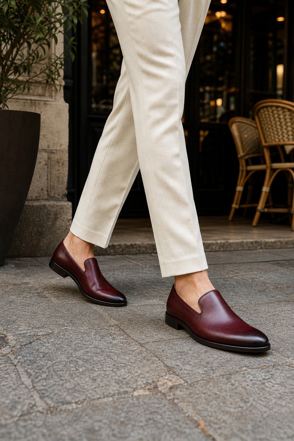 Varenza Burgundy Calf Venetian Loafer styled with tailored trousers