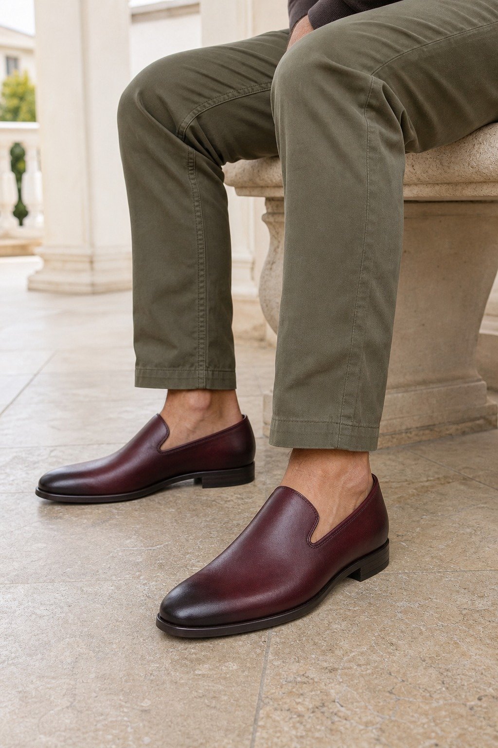 Varenza Burgundy Calf Venetian Loafer styled, secondary view