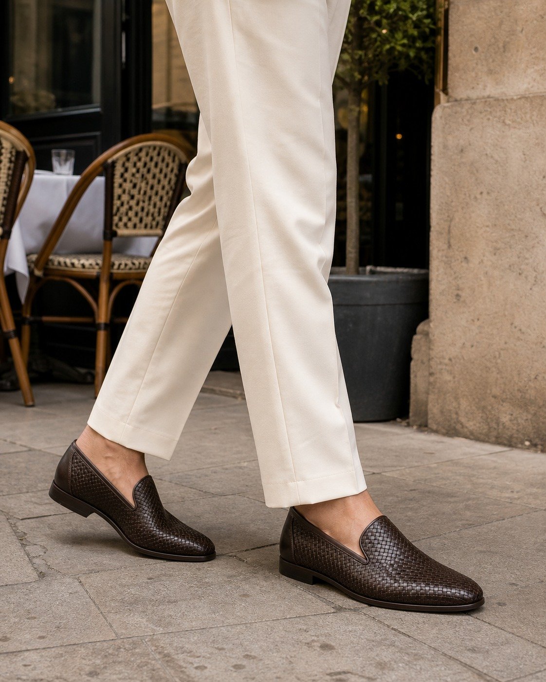 Weaverton Dark Brown Woven Leather Loafer styled with tailored trousers