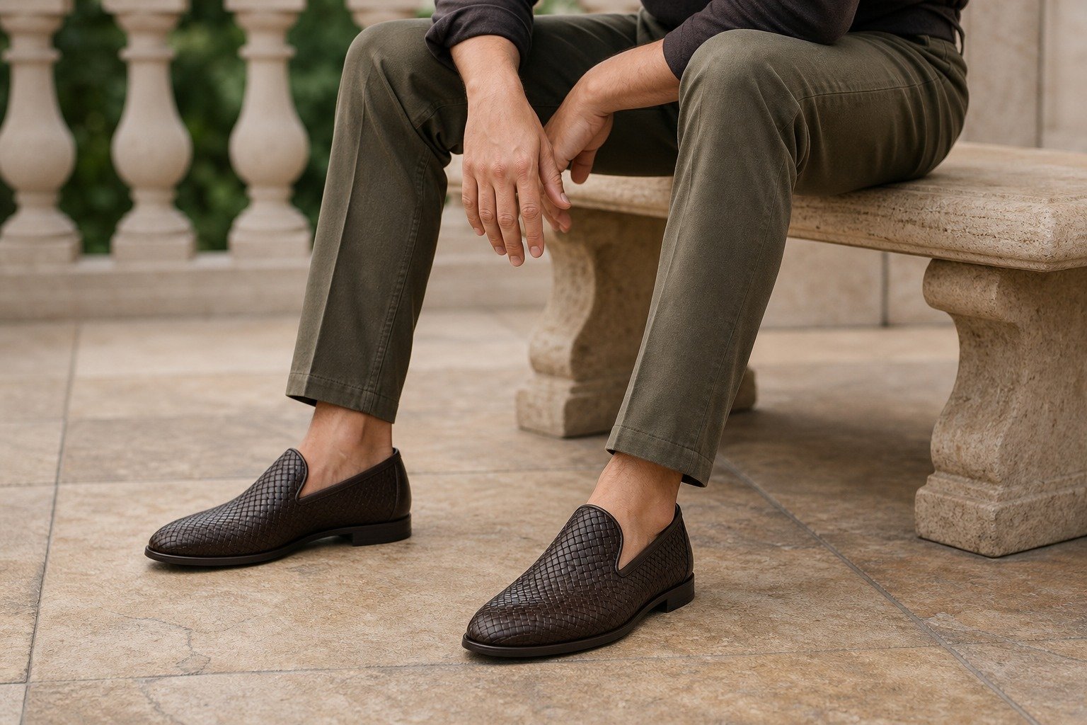 Weaverton Dark Brown Woven Leather Loafer styled, secondary view