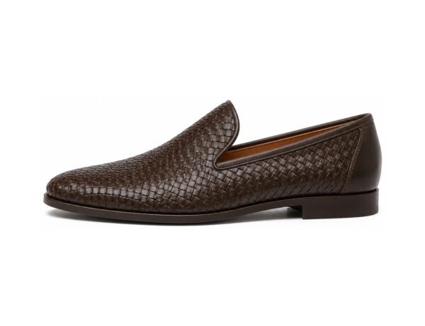 Weaverton Dark Brown Woven Leather Loafer - White BG Side Profile