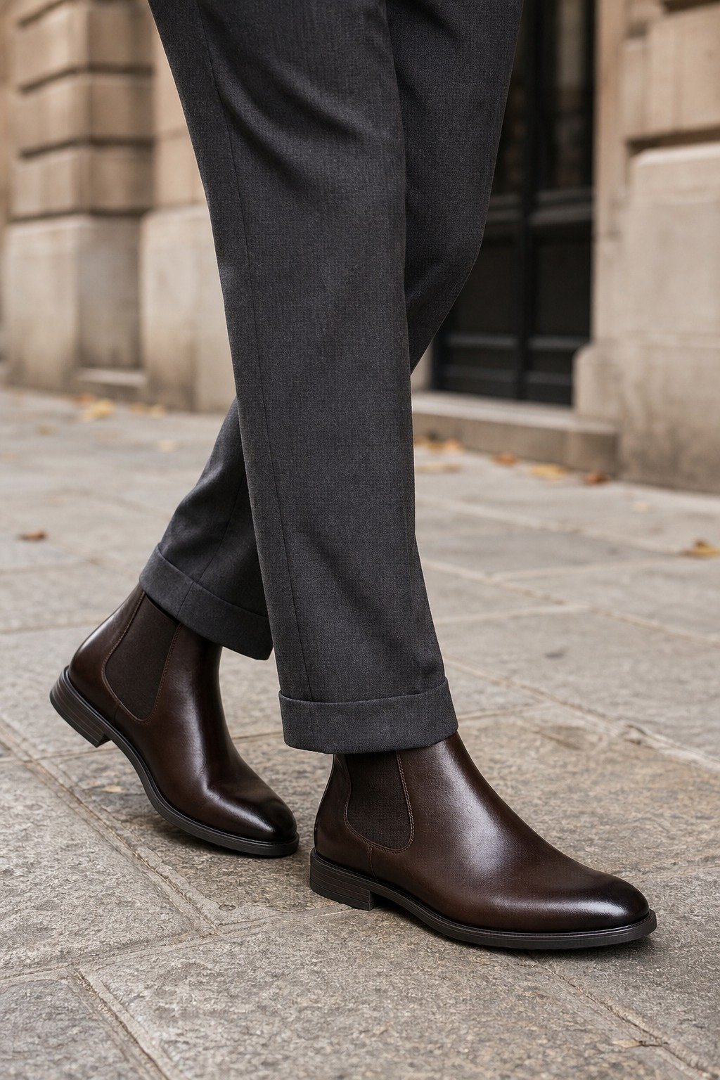 Westmere Dark Brown Calf Chelsea Boot styled with tailored trousers