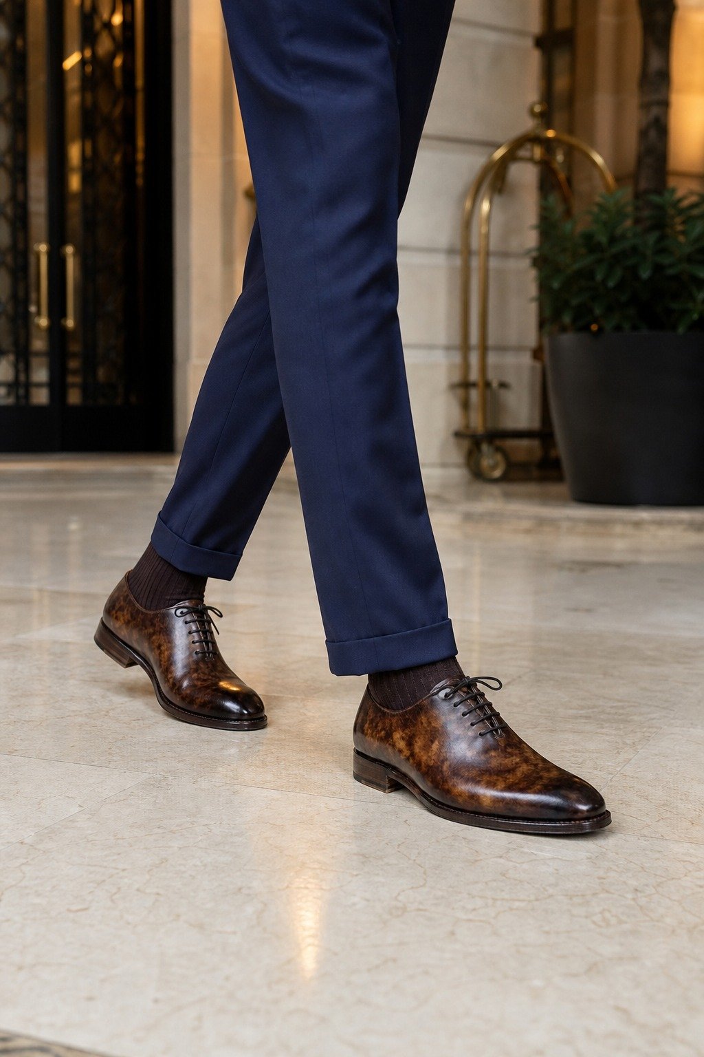 Windsor Plain Oxford Antique Brown styled with tailored trousers